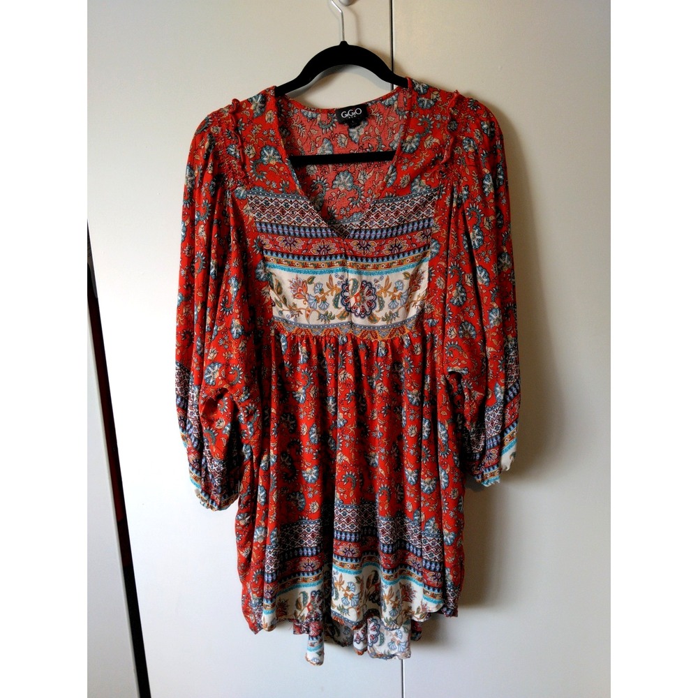GIGIO Women's Floral Tunic Top Size L Puff Sleeve Boho Peasant Relaxed Flowy